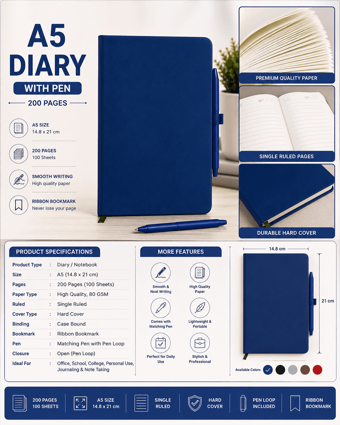 A5 Diary with Pen — Blue