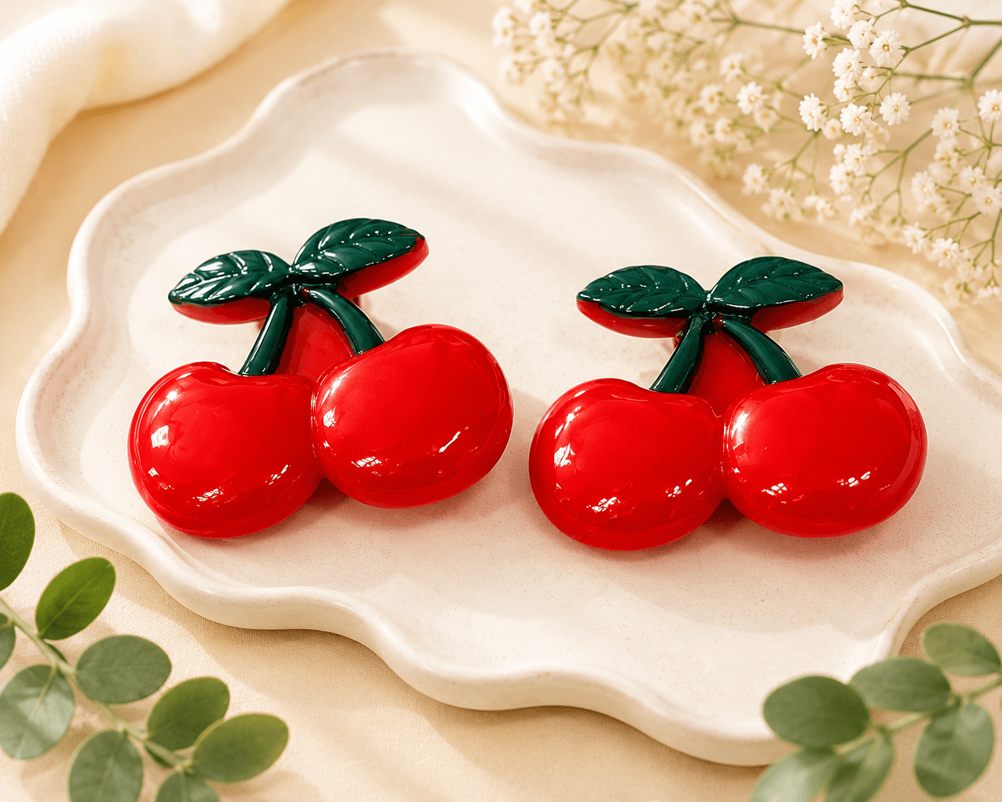Cherry Resin Hair Clips Duo (Red Glossy)