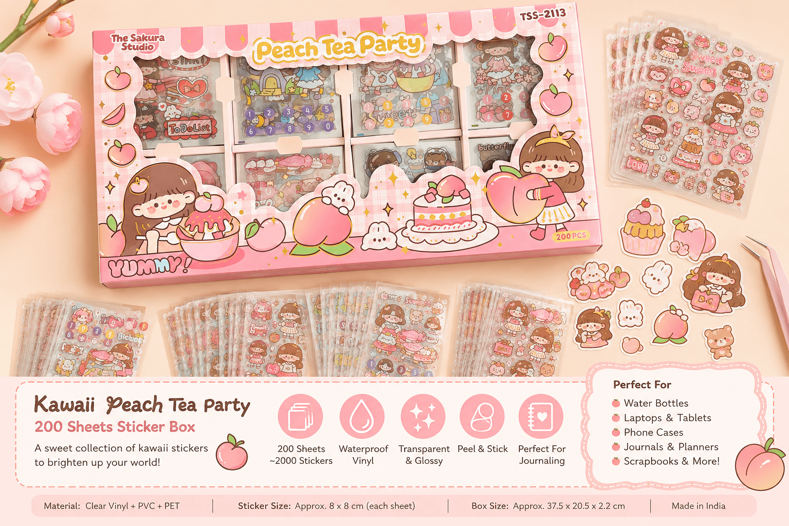Kawaii Peach Tea Party 200 Sheets Sticker Box