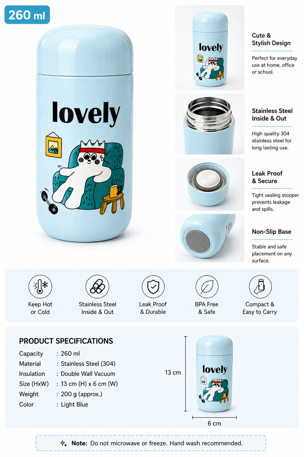 Lovely Water Bottle - 260ml Stainless Steel Insulated Tumbler