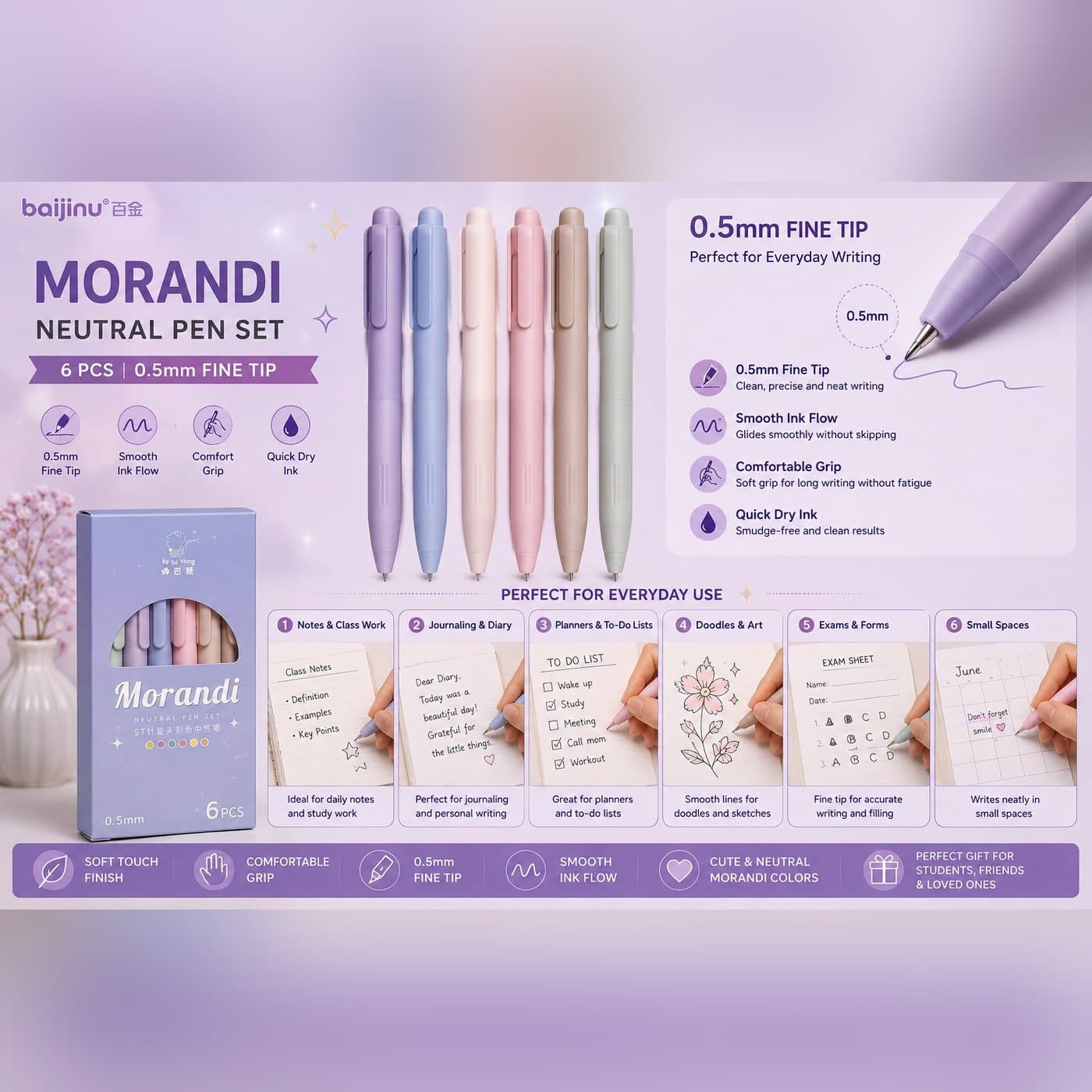 Morandi Neutral Pen Set - 6 Pcs