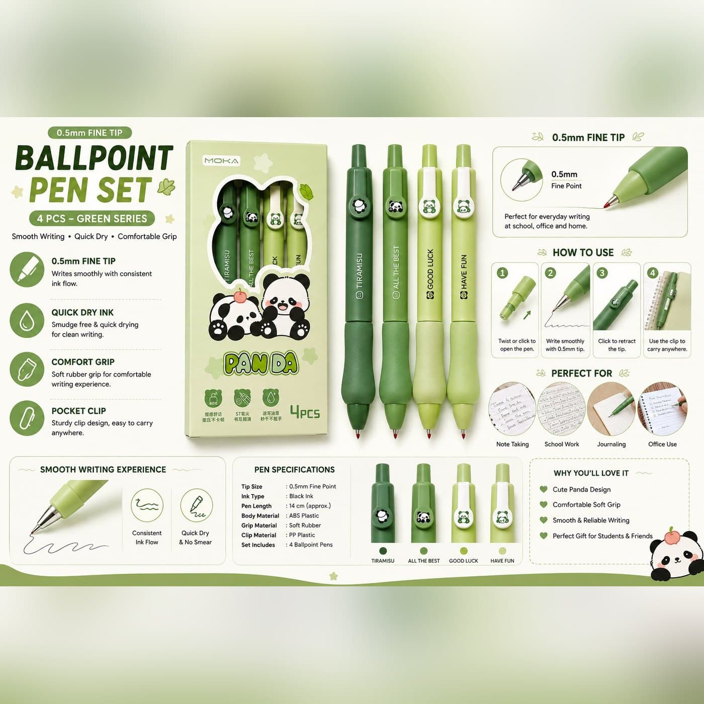 Panda Ballpoint Pen Set - 4 Pcs