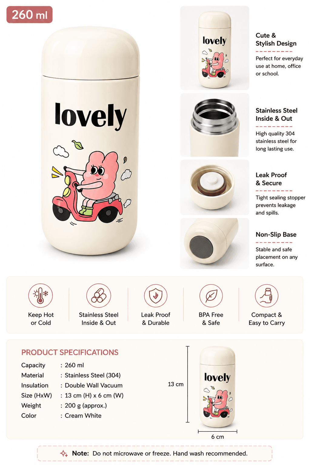 Lovely Water Bottle - 260ml Stainless Steel Insulated Tumbler