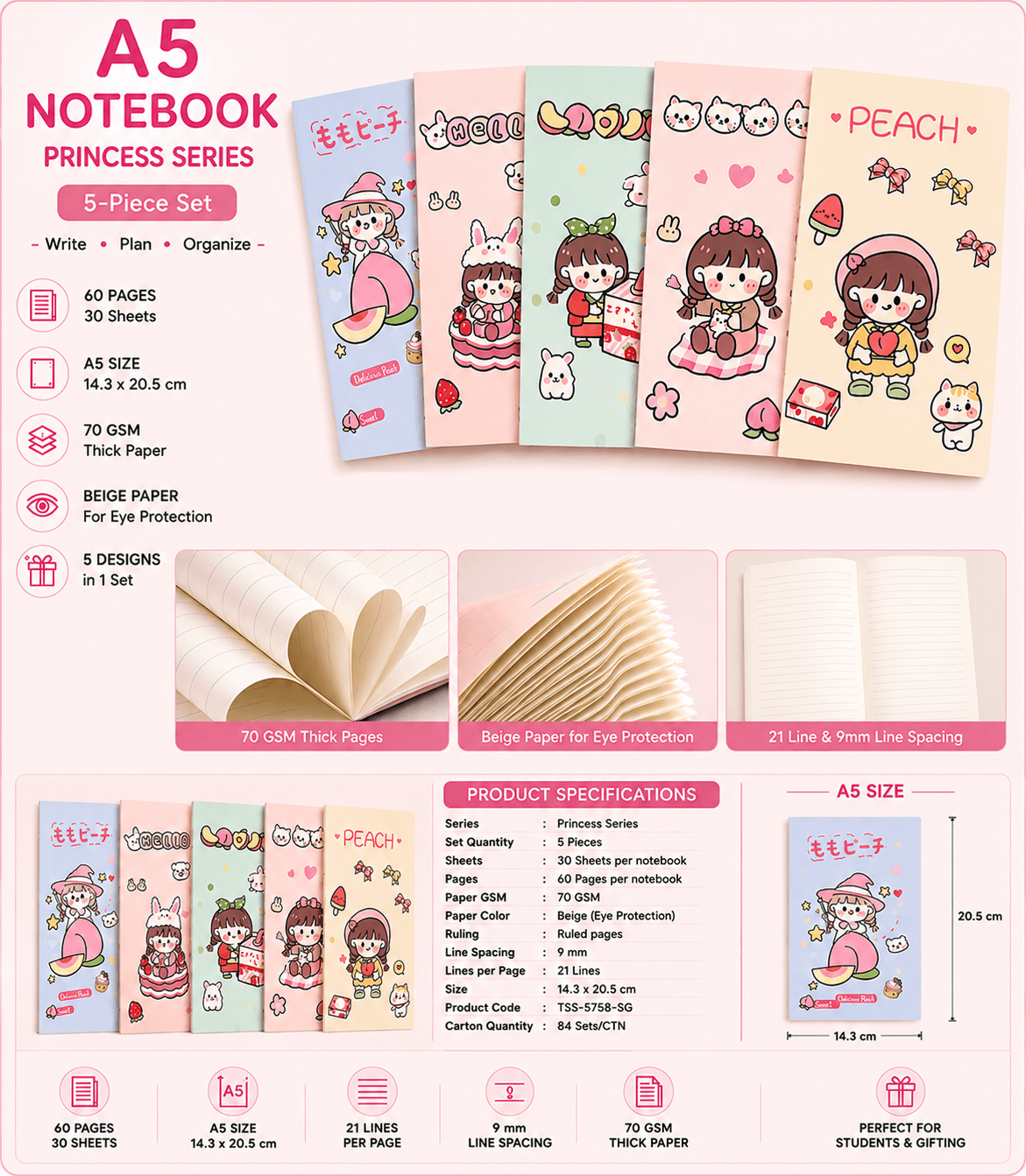 Kawaii Girls Notebook Set — Set of 5