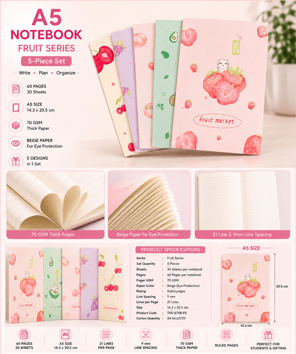 Fruit Market Notebook Combo — Set of 5