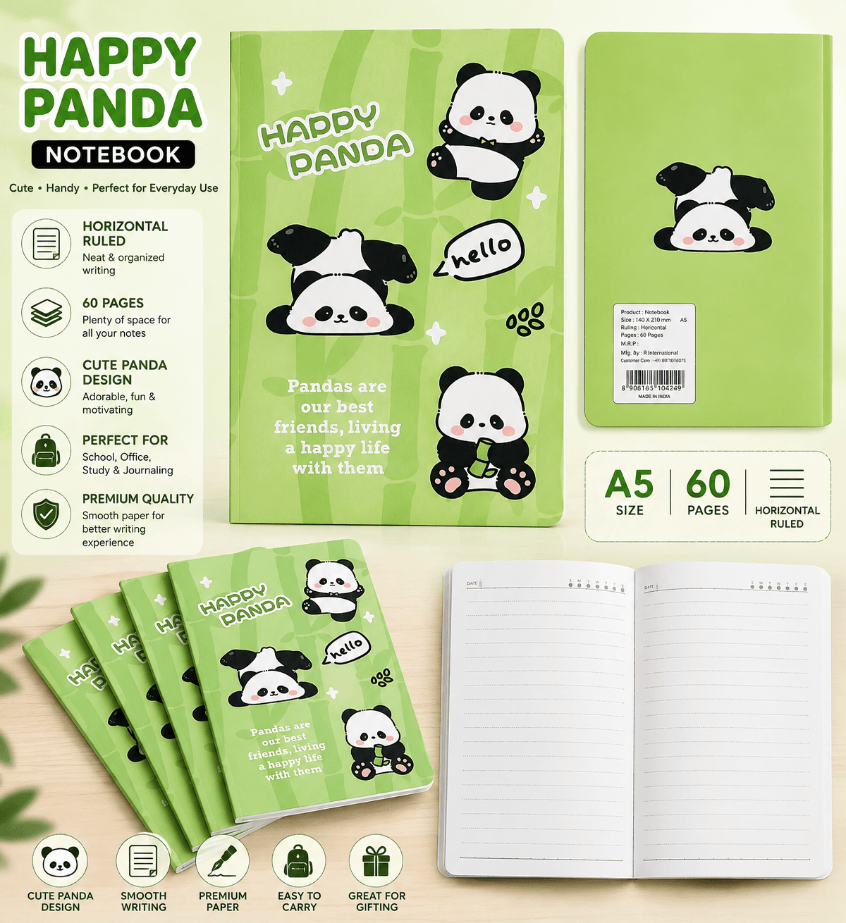 Happy Panda Notebook Set — Set of 5
